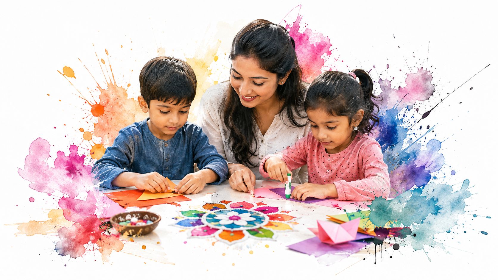 A mother and her two children sitting at a table together while crafting colorful paper decorations.