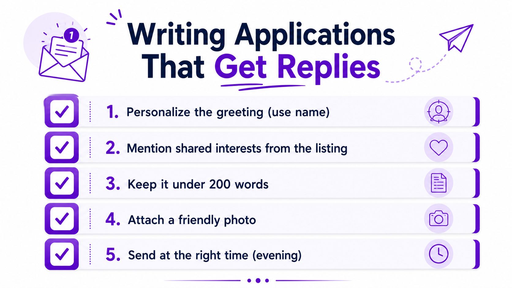 A helpful graphic titled Writing Applications That Get Replies, showing five tips for securing rental housing.