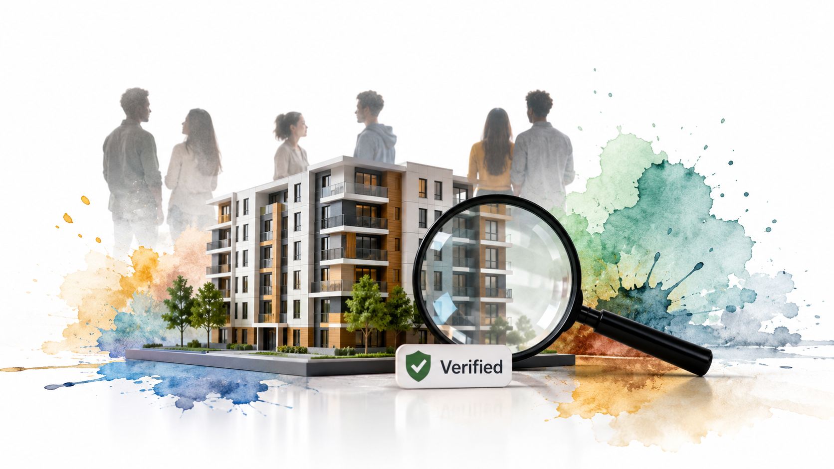 A miniature apartment building model with a magnifying glass and a verified stamp, surrounded by watercolor splashes.